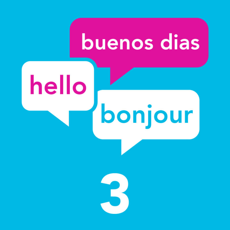 Die Zahl 3 und Sprechblasen mit „Hallo“ in verschiedenen Sprachen.