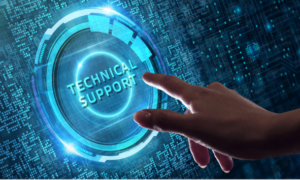 Ein technisches Raster mit einer Schaltfläche „Technischer Support“ und einem Finger, der sie gerade drücken will.